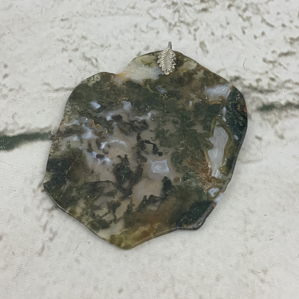 Moss Agate Pendant Large Green Gold Toned Fastening 3" x 2.5"